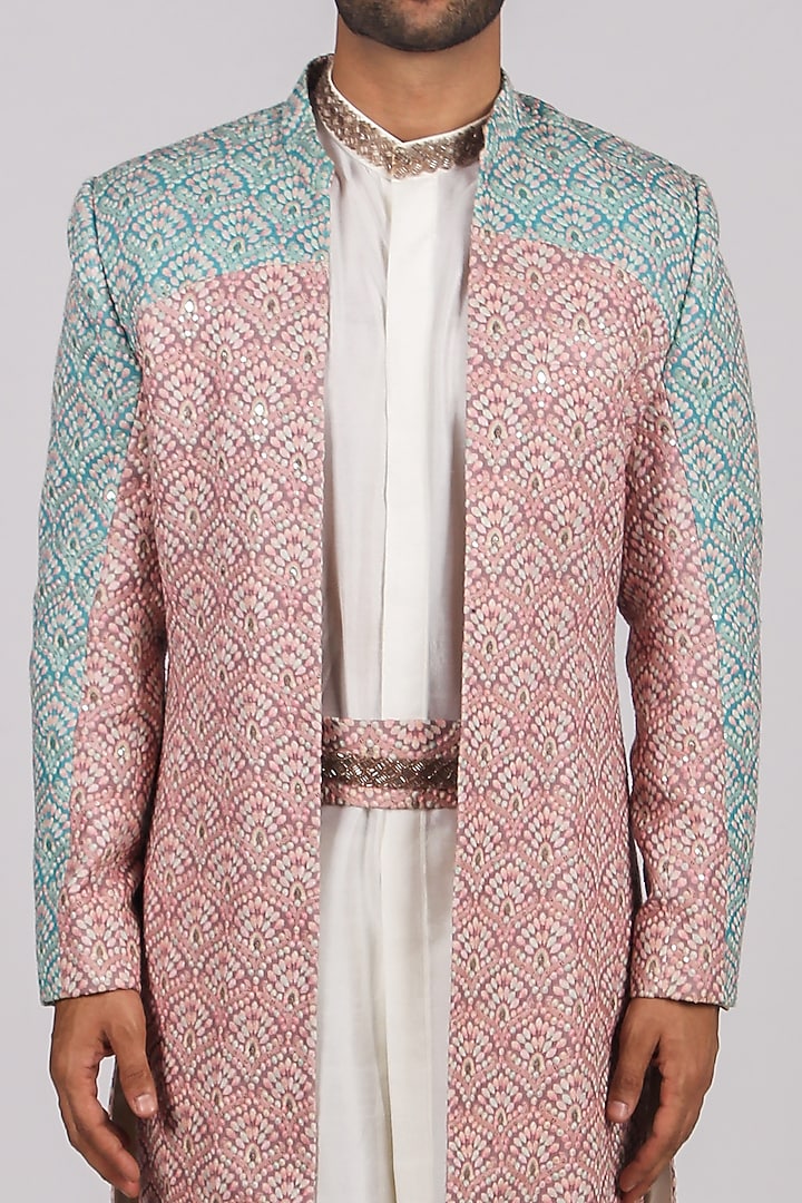 Rose Red & Coral Blue Jacquard Wedding Indowestern Set by Dapper & Dare at Pernia's Pop Up Shop