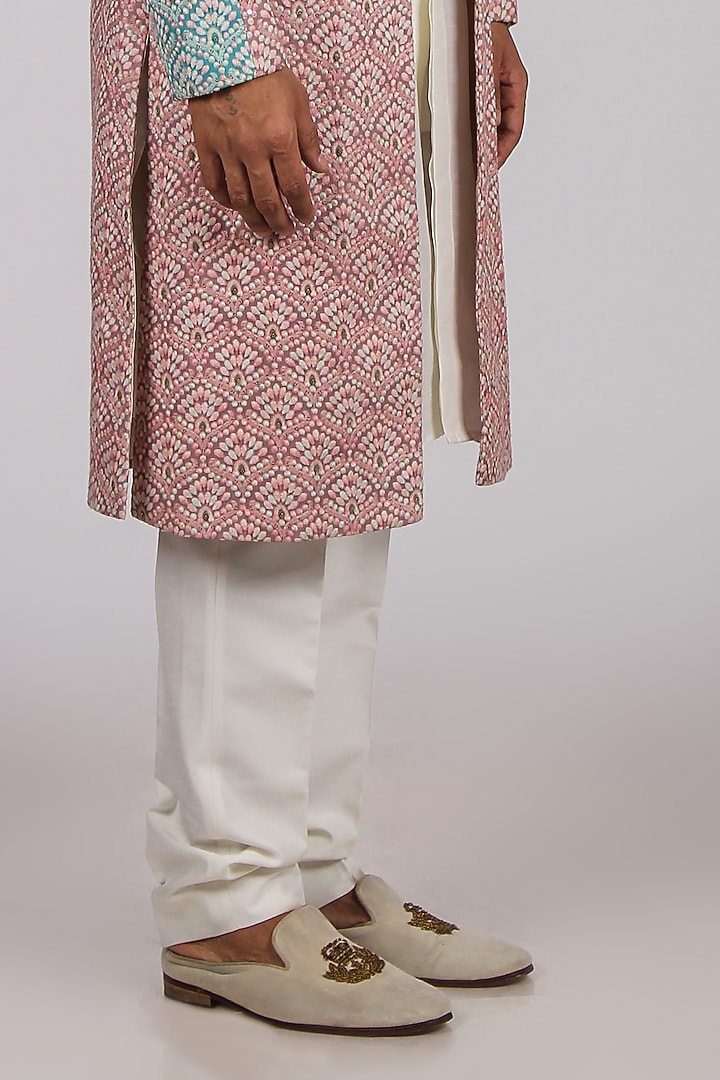 Rose Red & Coral Blue Jacquard Wedding Indowestern Set by Dapper & Dare at Pernia's Pop Up Shop