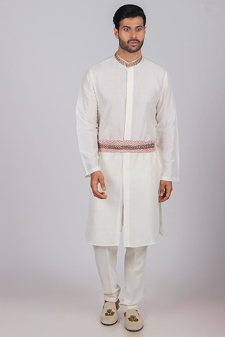 Rose Red & Coral Blue Jacquard Wedding Indowestern Set by Dapper & Dare at Pernia's Pop Up Shop