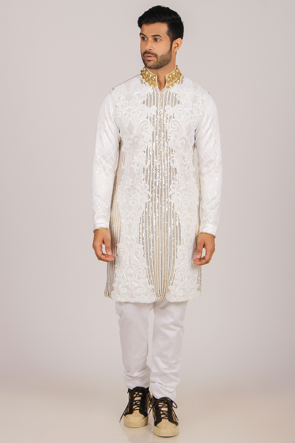 White & Champagne Gold Embroidered Kurta Set by Dapper & Dare