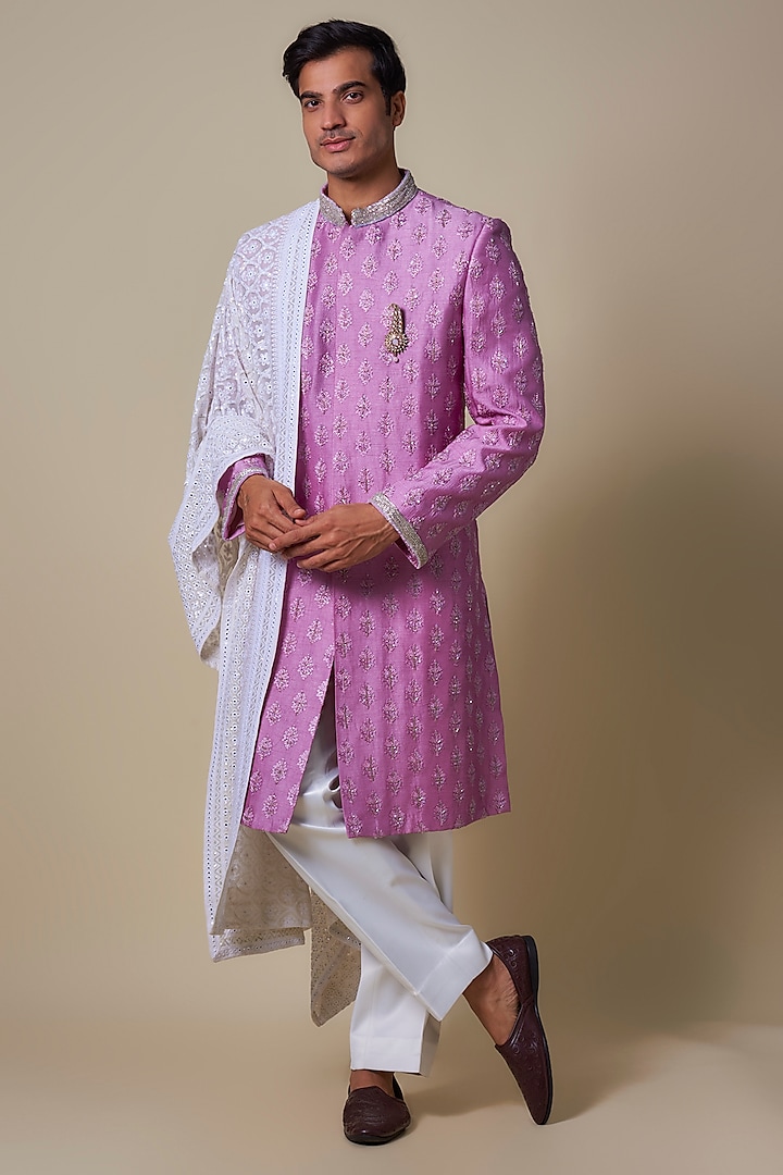 Lavender Mysore Silk Thread & Cutdana Embroidered Groom Sherwani Set by Dapper & Dare at Pernia's Pop Up Shop