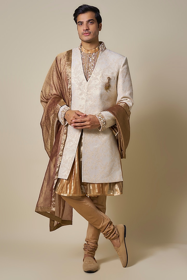 Ivory Mysore Silk Shell Work Groom Sherwani Set by Dapper & Dare at Pernia's Pop Up Shop