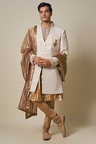 Ivory Mysore Silk Shell Work Sherwani Set by Dapper & Dare