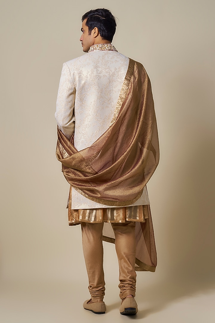 Ivory Mysore Silk Shell Work Groom Sherwani Set by Dapper & Dare at Pernia's Pop Up Shop