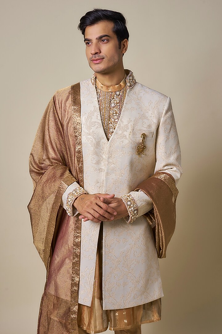 Ivory Mysore Silk Shell Work Groom Sherwani Set by Dapper & Dare at Pernia's Pop Up Shop