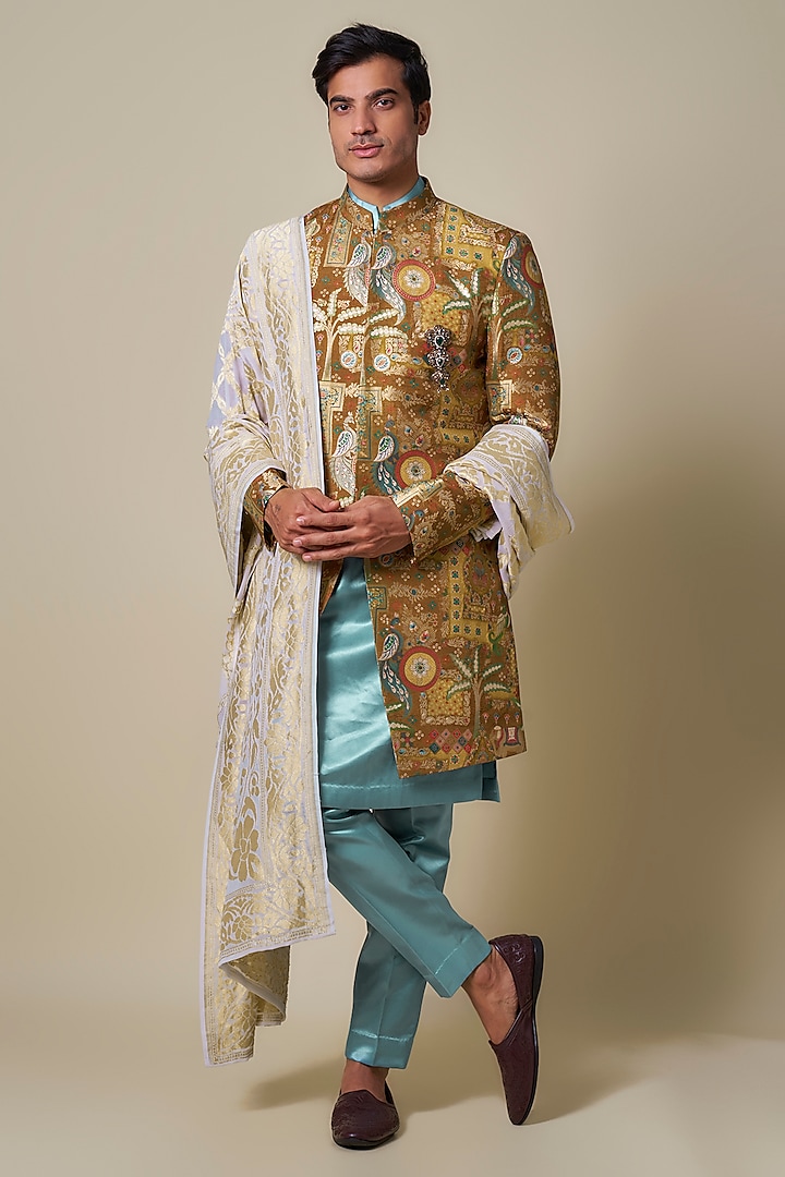 Yellow Dola Silk Printed Sherwani Set by Dapper & Dare