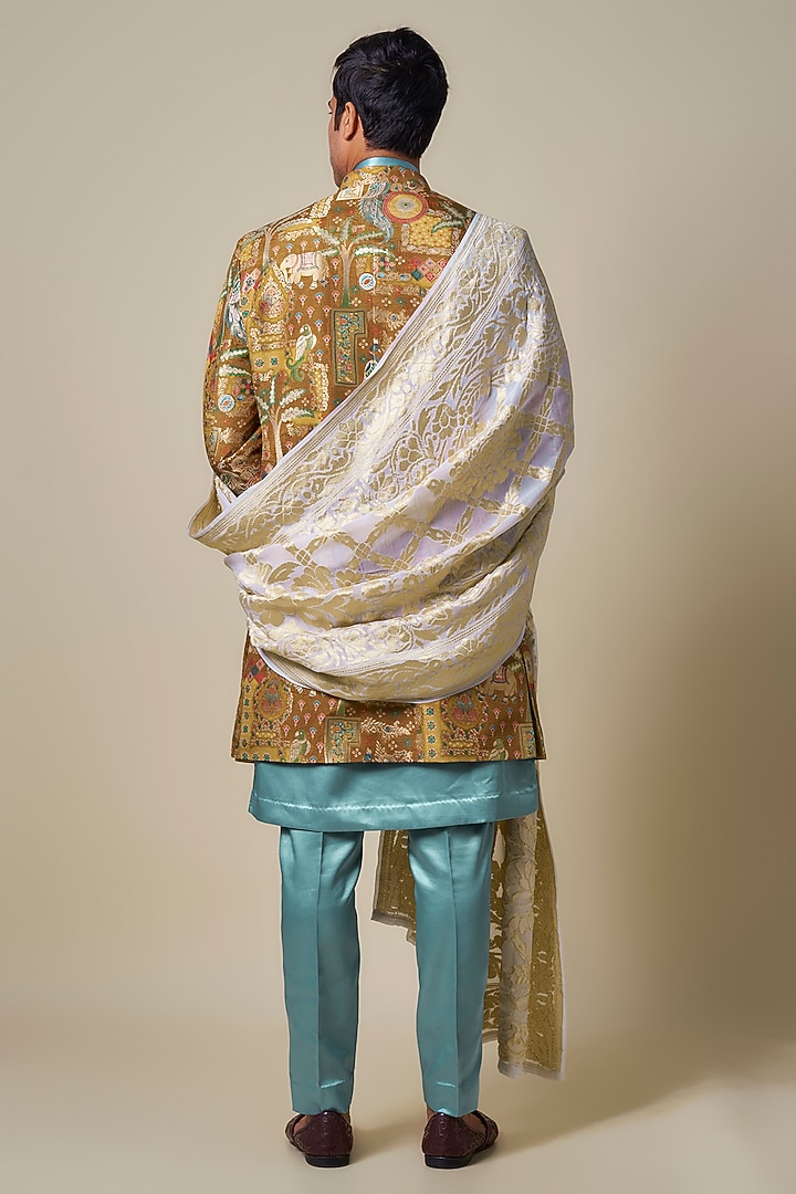 Yellow Dola Silk Printed Groom Sherwani Set by Dapper & Dare at Pernia's Pop Up Shop
