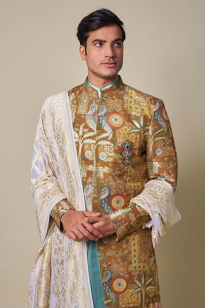 Yellow Dola Silk Printed Groom Sherwani Set by Dapper & Dare at Pernia's Pop Up Shop