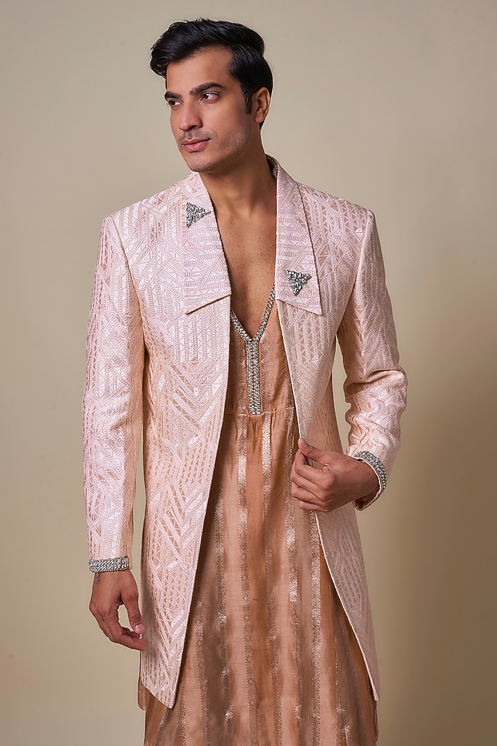 Blush Pink Mysore Silk Groom Sherwani Set by Dapper & Dare at Pernia's Pop Up Shop
