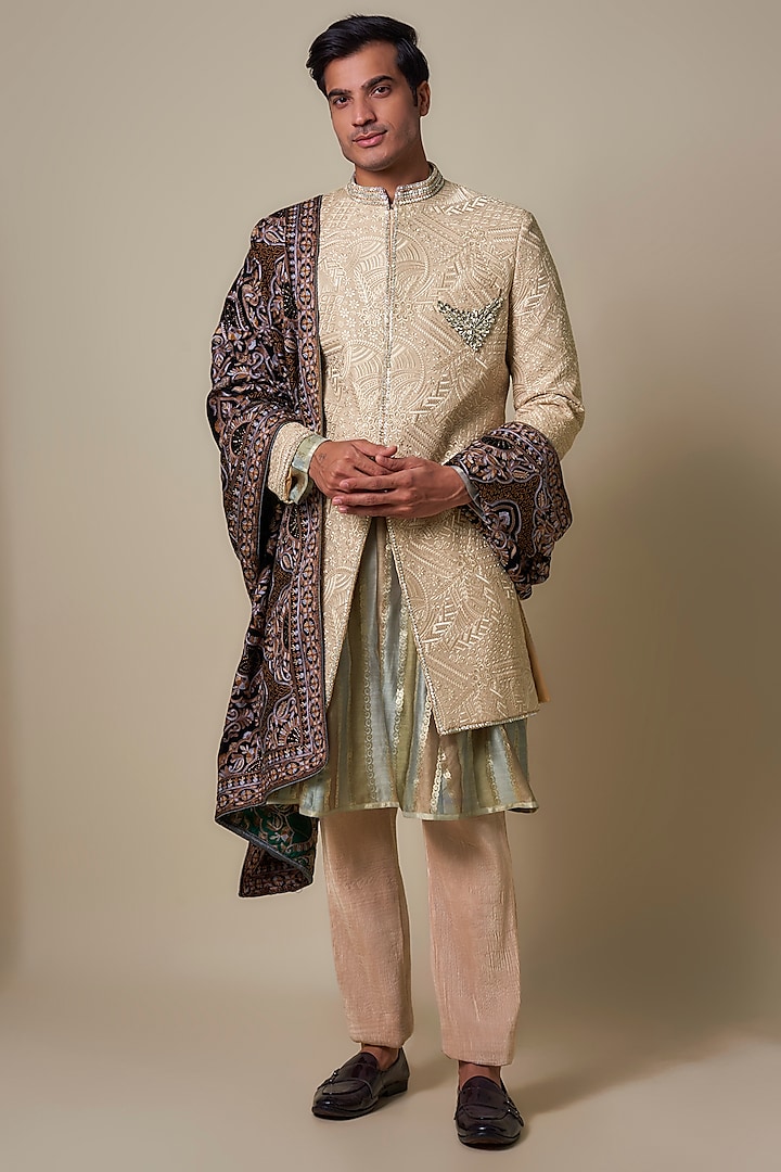 Beige Georgette Thread Embroidered Groom Sherwani Set by Dapper & Dare at Pernia's Pop Up Shop