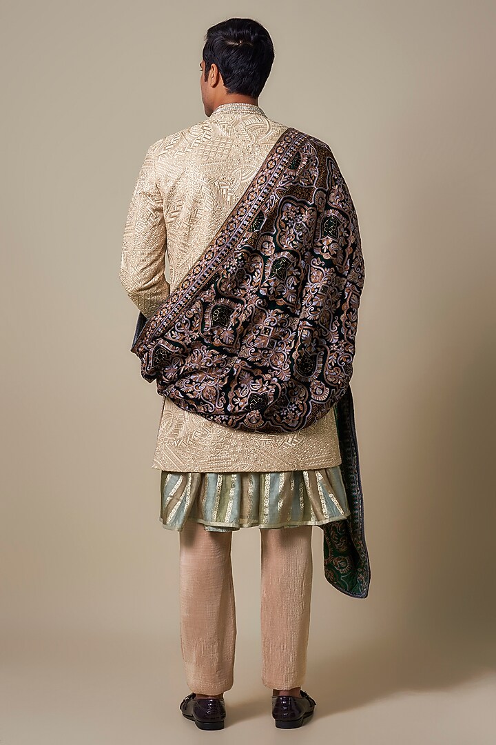 Beige Georgette Thread Embroidered Groom Sherwani Set by Dapper & Dare at Pernia's Pop Up Shop