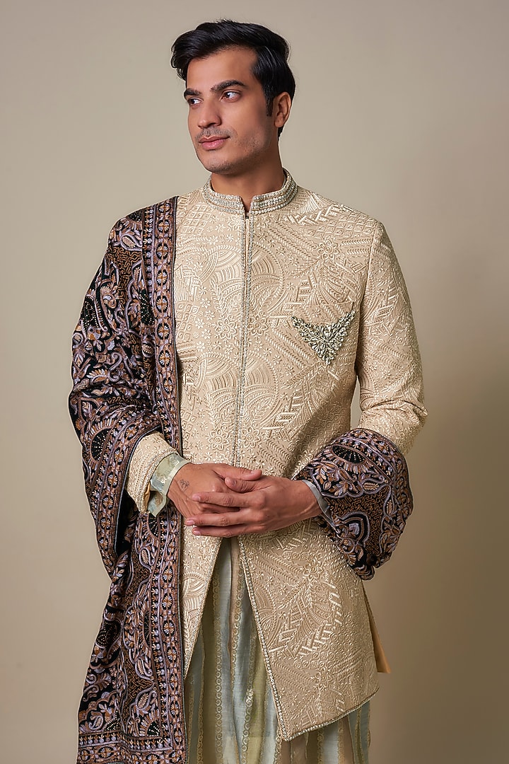 Beige Georgette Thread Embroidered Groom Sherwani Set by Dapper & Dare at Pernia's Pop Up Shop