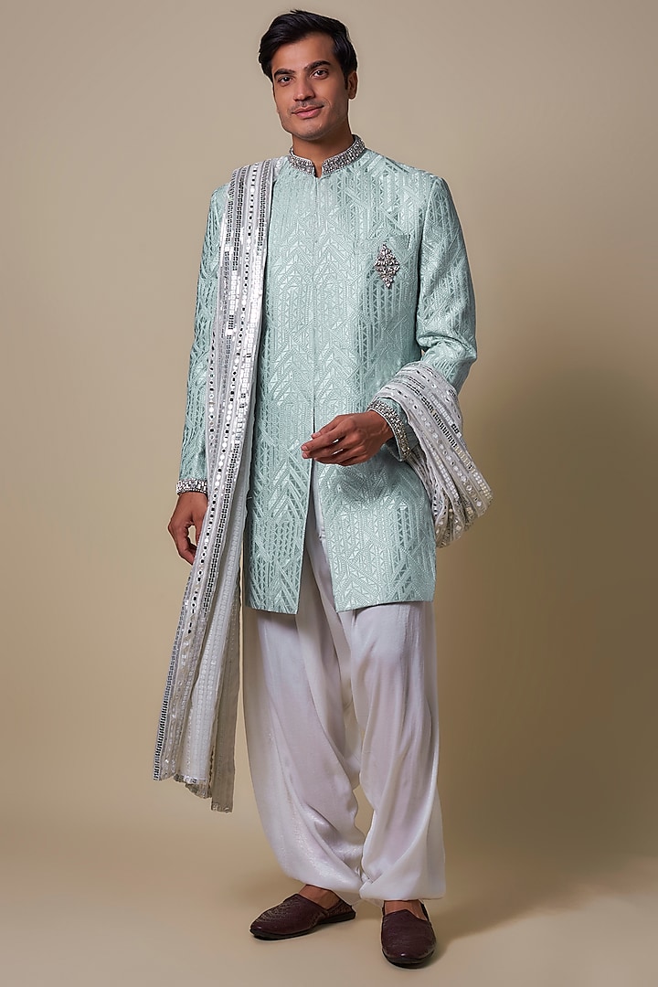 Powder Blue Mysore Silk Swarovski Embroidered Sherwani Set by Dapper & Dare