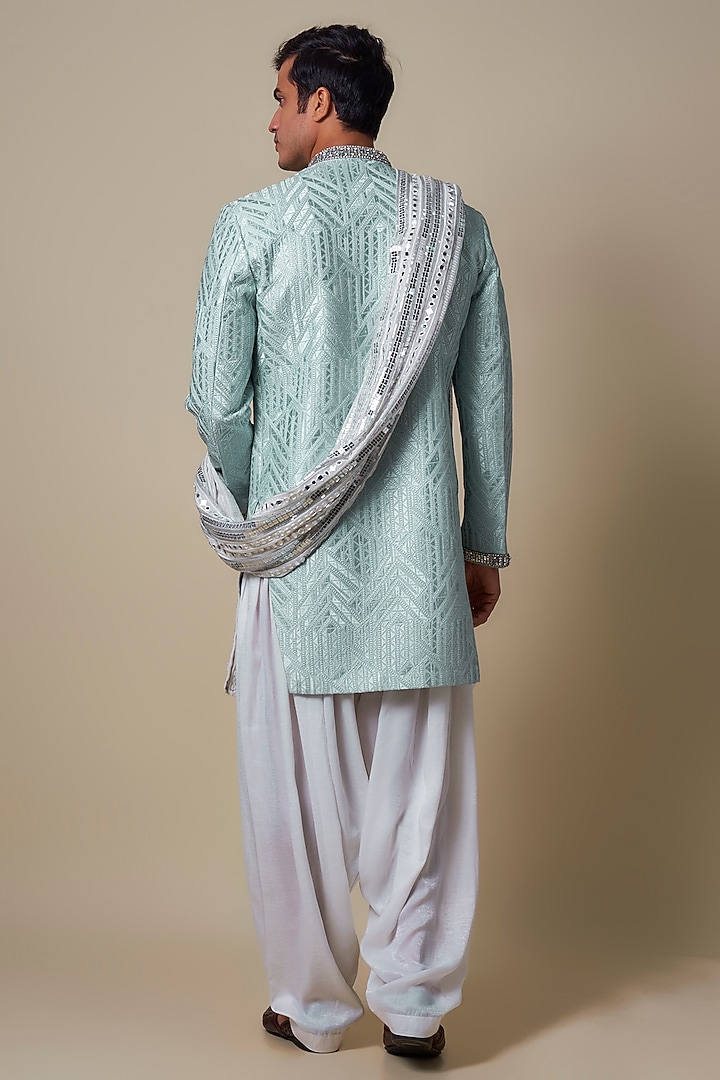Powder Blue Mysore Silk Swarovski Embroidered Groom Sherwani Set by Dapper & Dare at Pernia's Pop Up Shop