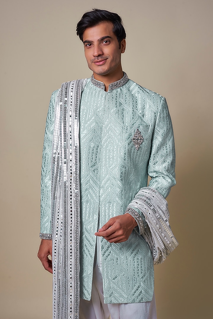 Powder Blue Mysore Silk Swarovski Embroidered Groom Sherwani Set by Dapper & Dare at Pernia's Pop Up Shop