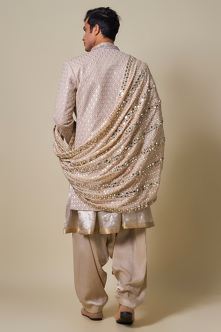 Beige Georgette Cutdana Embroidered Groom Sherwani Set by Dapper & Dare at Pernia's Pop Up Shop