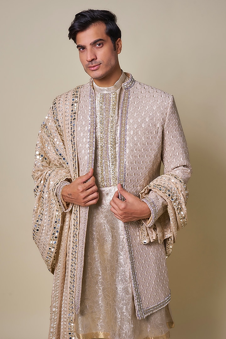 Beige Georgette Cutdana Embroidered Groom Sherwani Set by Dapper & Dare at Pernia's Pop Up Shop