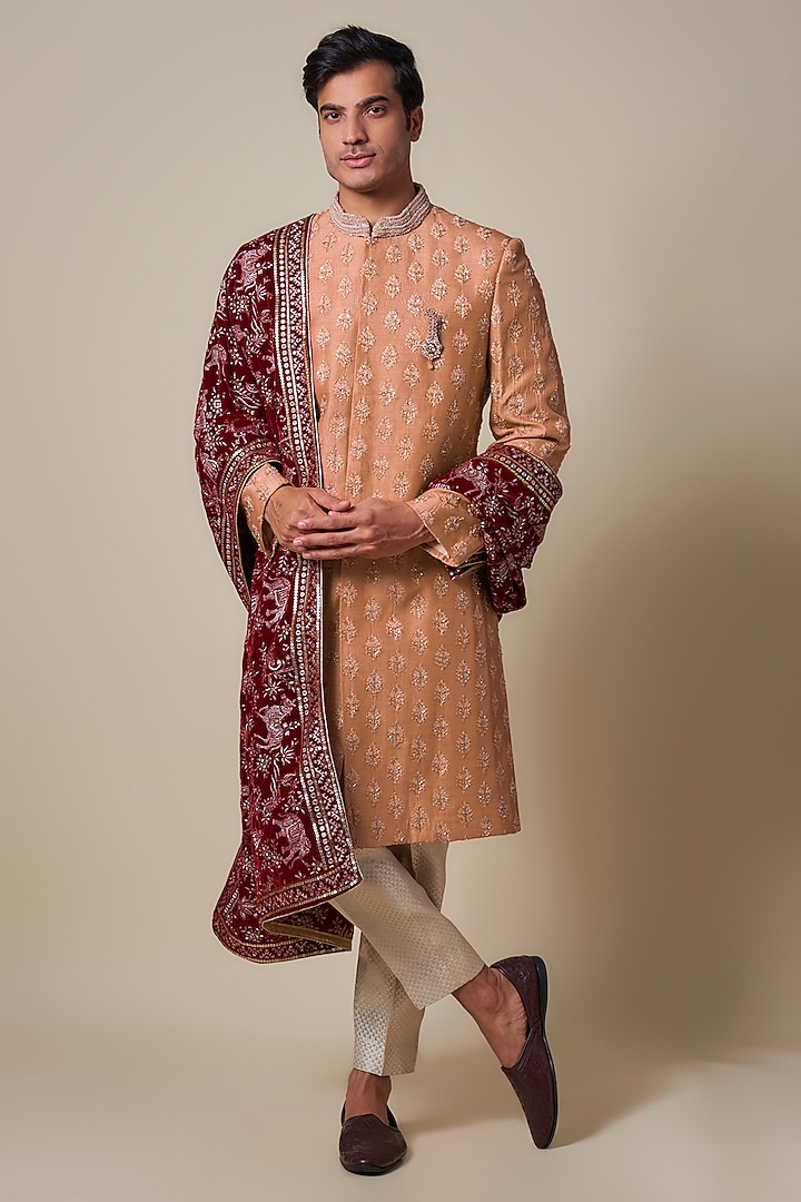 Rust Orange Mysore Silk Cutdana Embroidered Groom Sherwani Set by Dapper & Dare at Pernia's Pop Up Shop