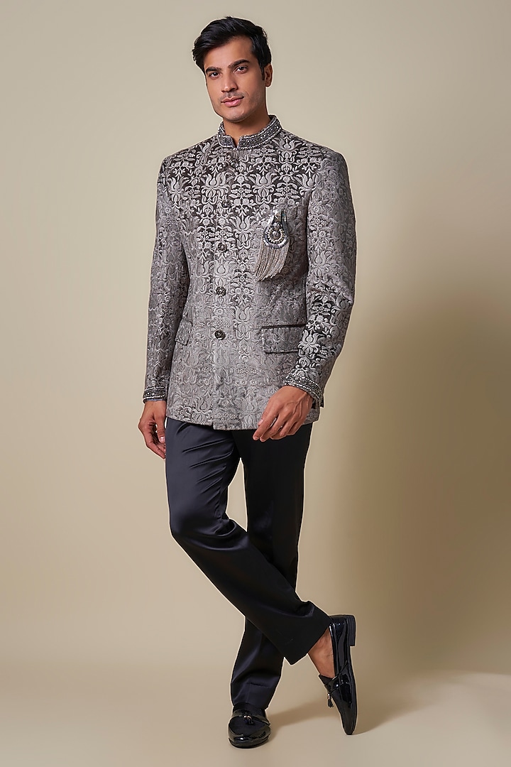 Grey Velvet Cutdana Embellished Bandhgala Set by Dapper & Dare at Pernia's Pop Up Shop