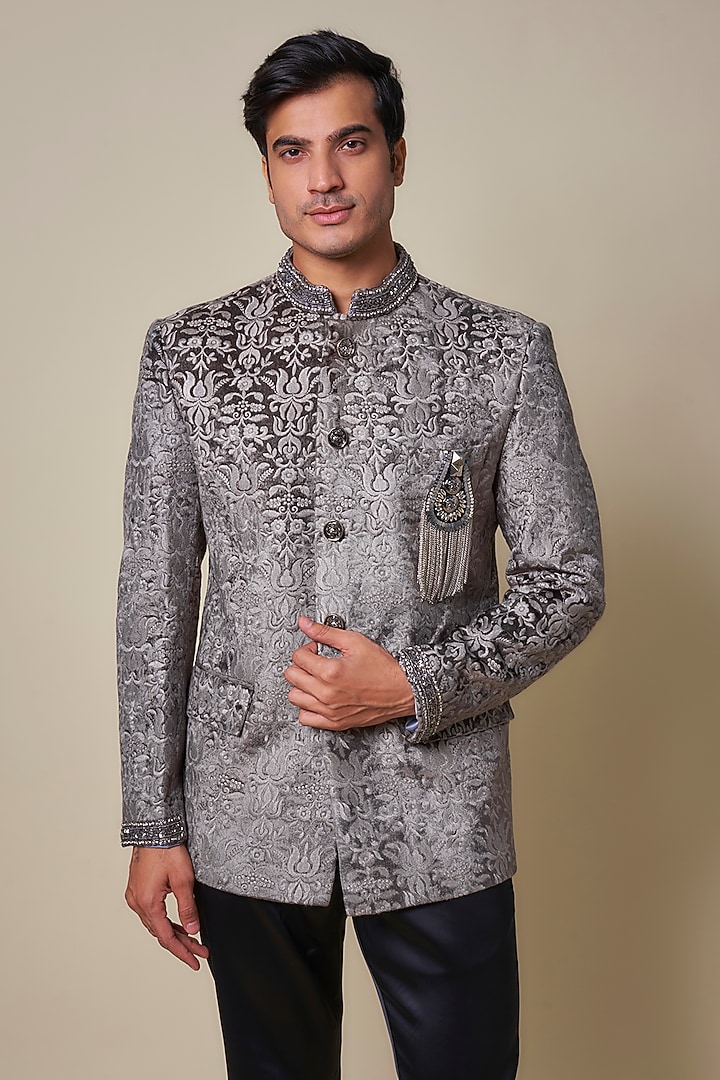 Grey Velvet Cutdana Embellished Wedding Bandhgala Set by Dapper & Dare at Pernia's Pop Up Shop