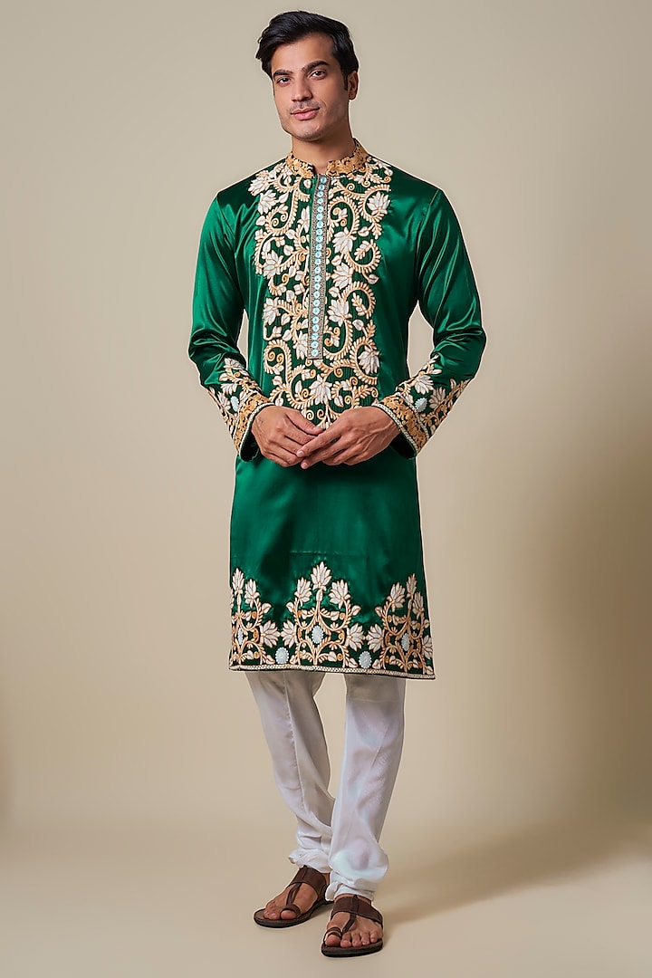 Dark Green Turkish Satin Kashmiri Hand Embroidered Kurta Set by Dapper & Dare at Pernia's Pop Up Shop