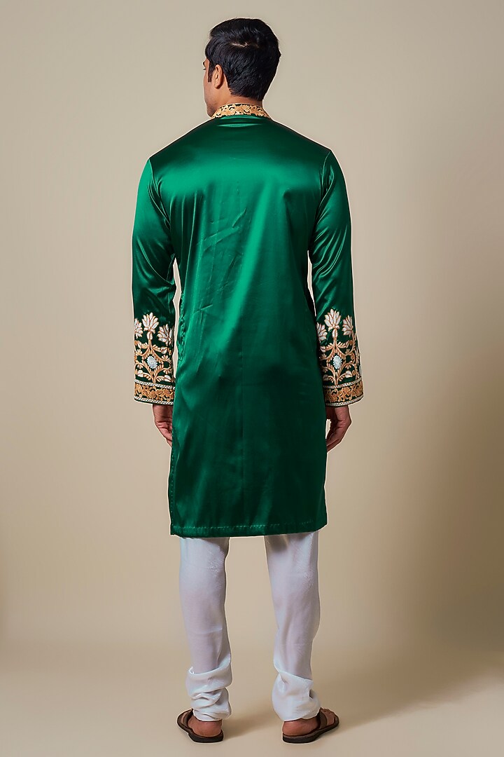 Dark Green Turkish Satin Kashmiri Hand Embroidered Kurta Set by Dapper & Dare at Pernia's Pop Up Shop
