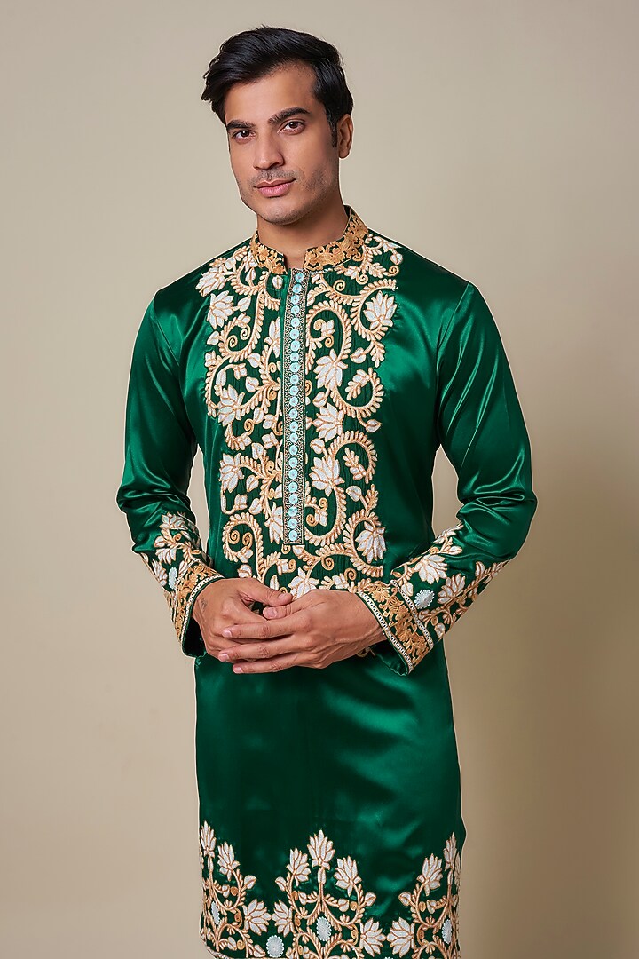 Dark Green Turkish Satin Kashmiri Hand Embroidered Kurta Set by Dapper & Dare at Pernia's Pop Up Shop