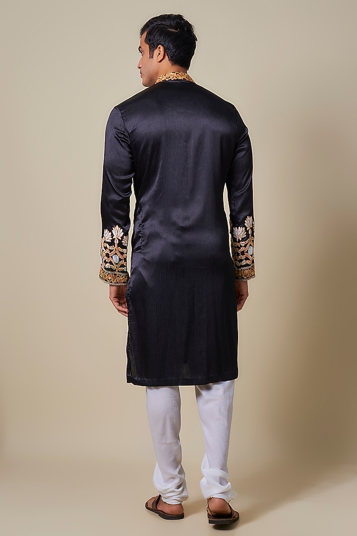 Black Turkish Satin Kashmiri Hand Embroidered Kurta Set by Dapper & Dare at Pernia's Pop Up Shop