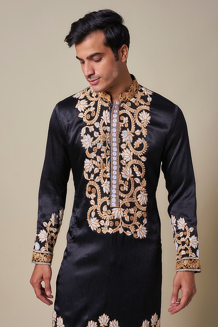 Black Turkish Satin Kashmiri Hand Embroidered Kurta Set by Dapper & Dare at Pernia's Pop Up Shop