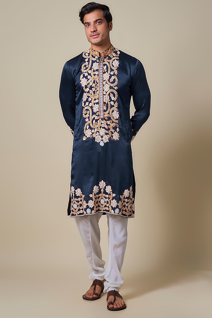 Dark Blue Turkish Satin Kashmiri Hand Embroidered Kurta Set by Dapper & Dare