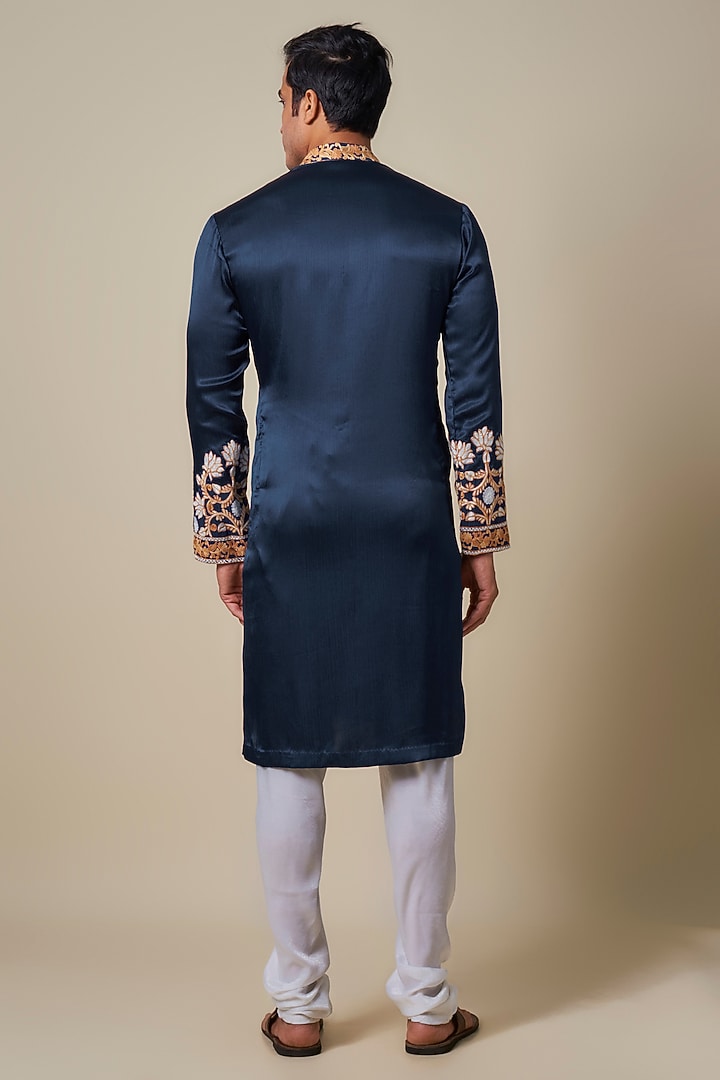 Dark Blue Turkish Satin Kashmiri Hand Embroidered Kurta Set by Dapper & Dare at Pernia's Pop Up Shop
