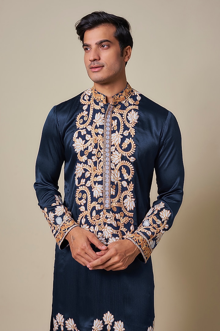 Dark Blue Turkish Satin Kashmiri Hand Embroidered Kurta Set by Dapper & Dare at Pernia's Pop Up Shop