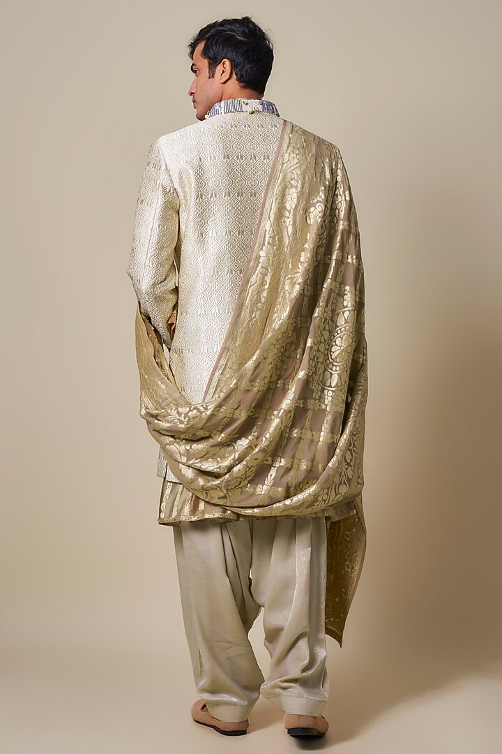 Cream Mysore Silk Printed & Embroidered Groom Sherwani Set by Dapper & Dare at Pernia's Pop Up Shop