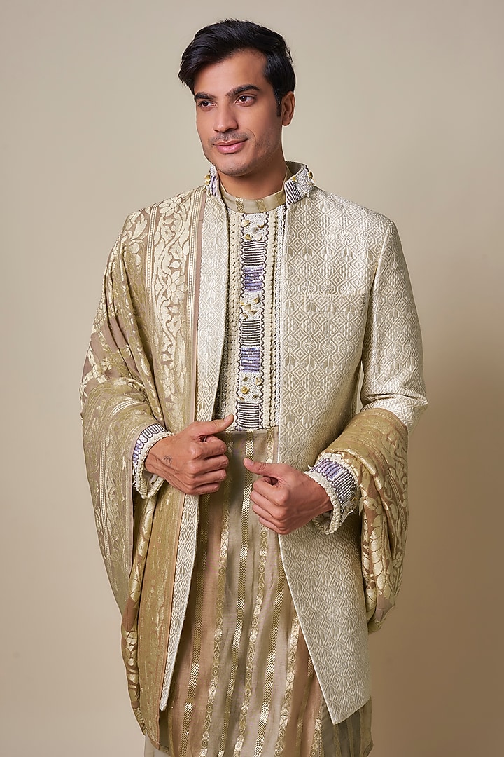 Cream Mysore Silk Printed & Embroidered Groom Sherwani Set by Dapper & Dare at Pernia's Pop Up Shop