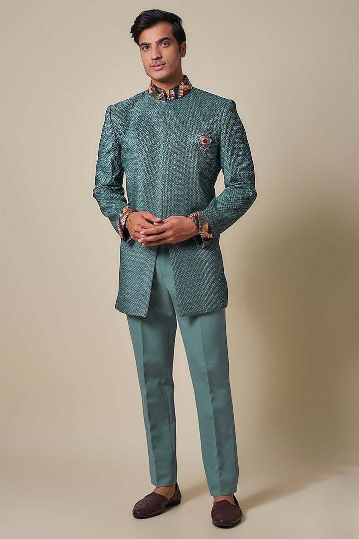 Turquoise Jacquard Stone Work Indowestern Set by Dapper & Dare at Pernia's Pop Up Shop