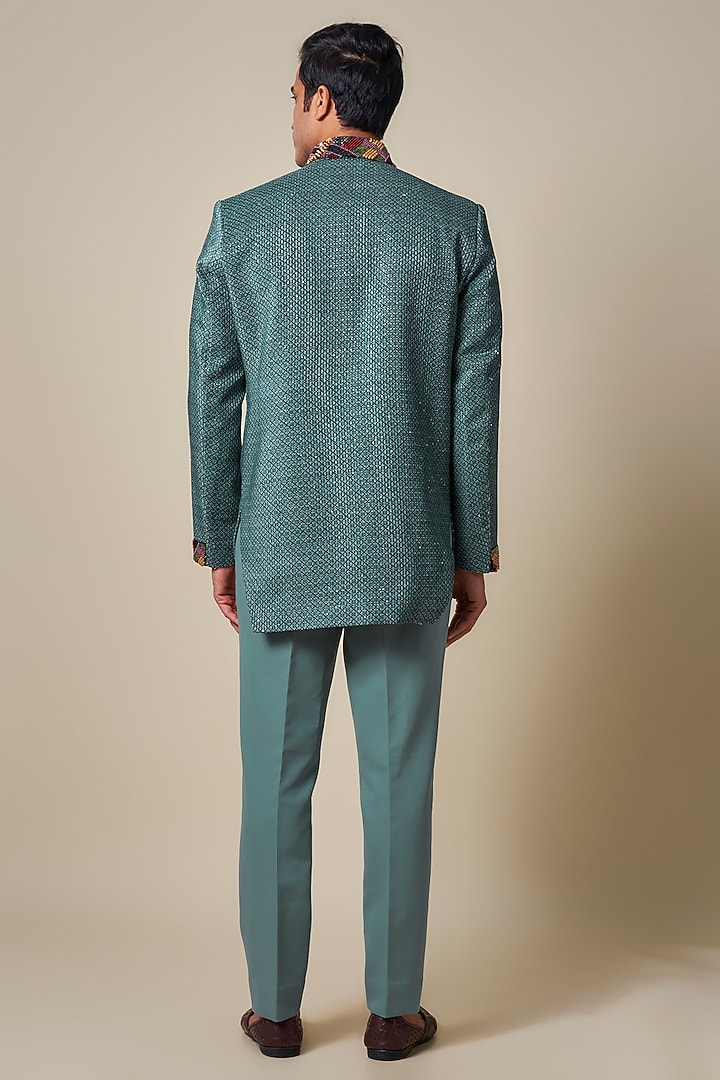 Turquoise Jacquard Stone Work Wedding Indowestern Set by Dapper & Dare at Pernia's Pop Up Shop