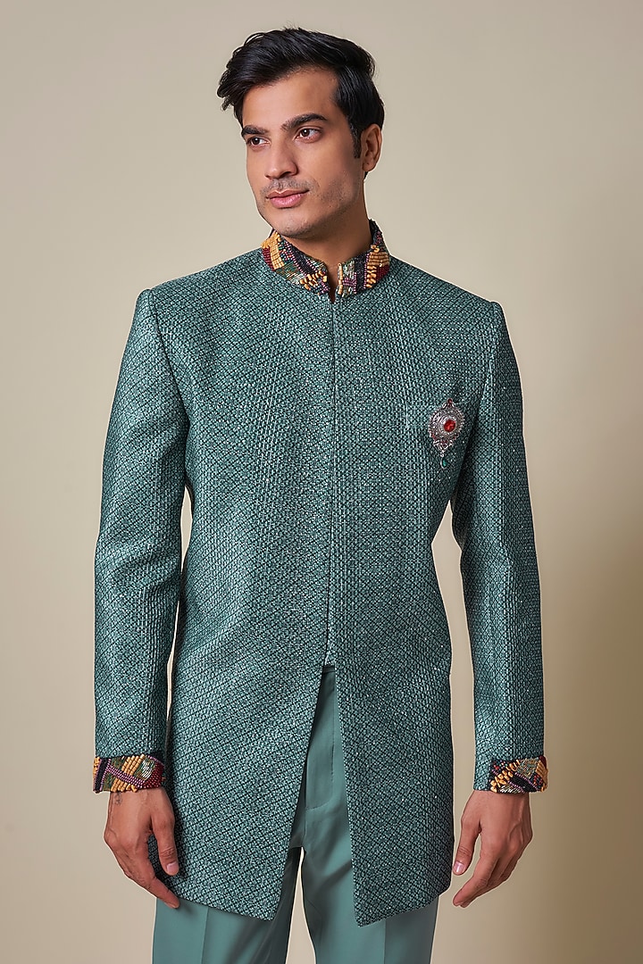 Turquoise Jacquard Stone Work Wedding Indowestern Set by Dapper & Dare at Pernia's Pop Up Shop