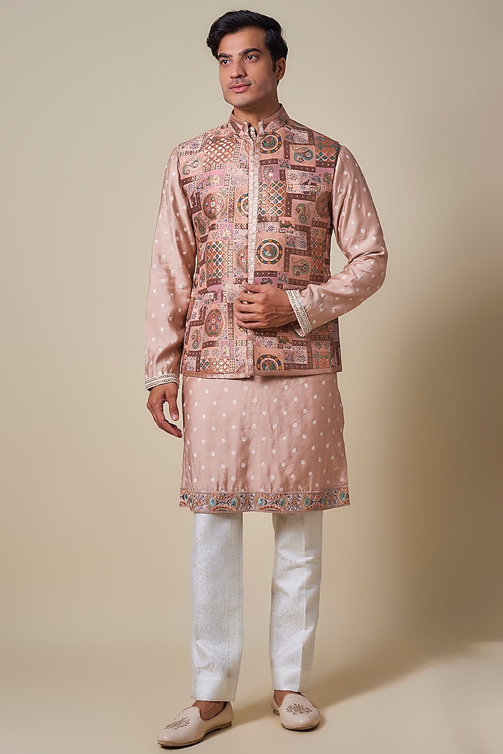 Light Peach Dola Silk Printed Nehru Jacket Set by Dapper & Dare at Pernia's Pop Up Shop