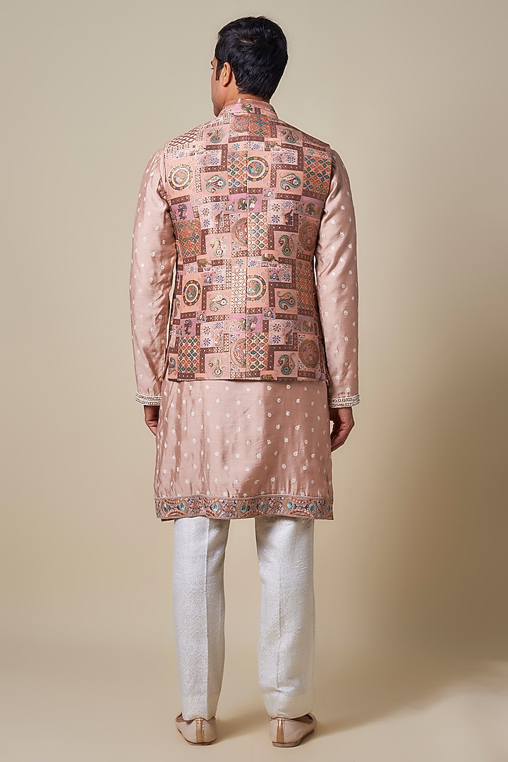 Light Peach Dola Silk Printed Nehru Jacket Set by Dapper & Dare at Pernia's Pop Up Shop
