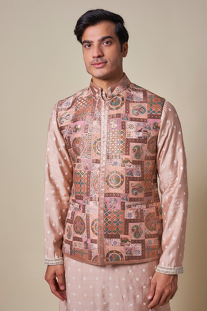 Light Peach Dola Silk Printed Nehru Jacket Set by Dapper & Dare at Pernia's Pop Up Shop