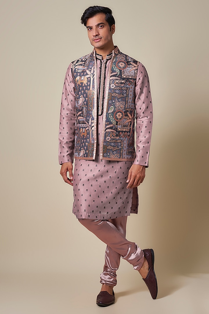 Purple Dola Silk Printed Bundi Jacket Set by Dapper & Dare at Pernia's Pop Up Shop