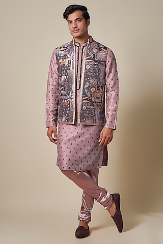 Purple Dola Silk Printed Bundi Jacket Set by Dapper & Dare