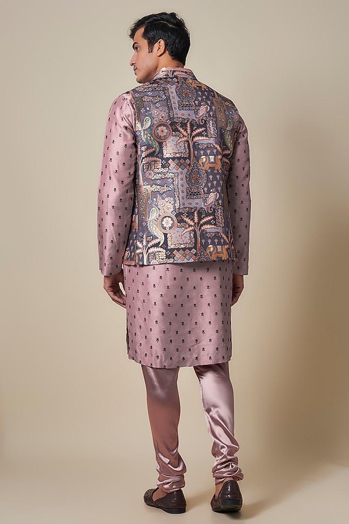 Purple Dola Silk Printed Bundi Jacket Set by Dapper & Dare at Pernia's Pop Up Shop