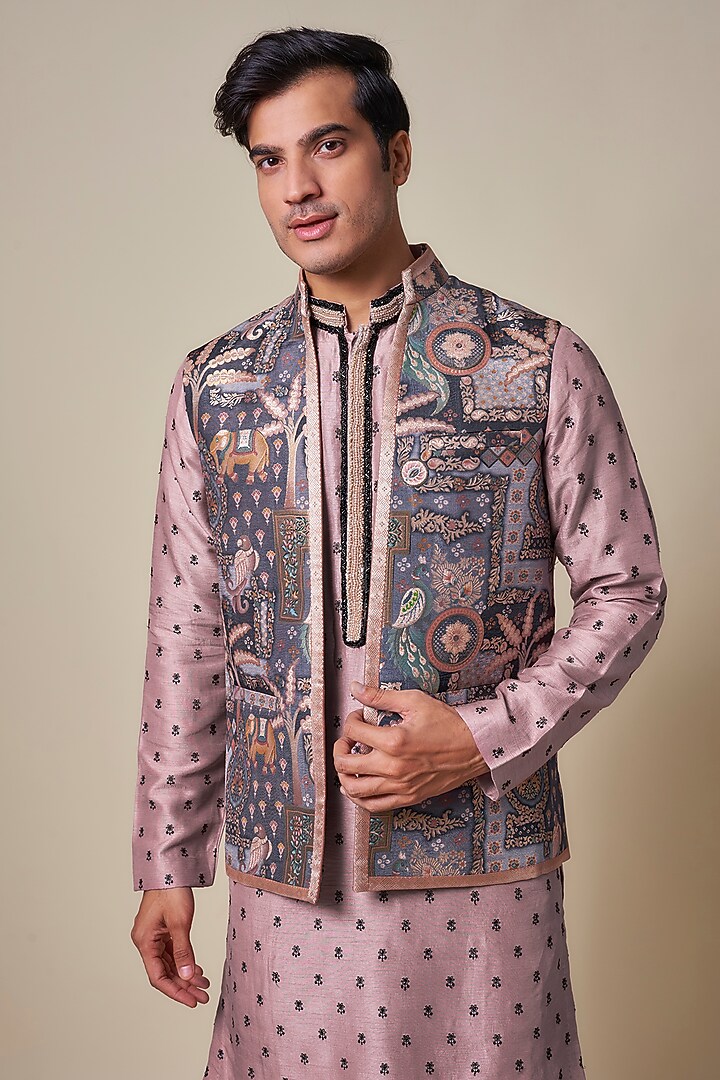 Purple Dola Silk Printed Bundi Jacket Set by Dapper & Dare at Pernia's Pop Up Shop