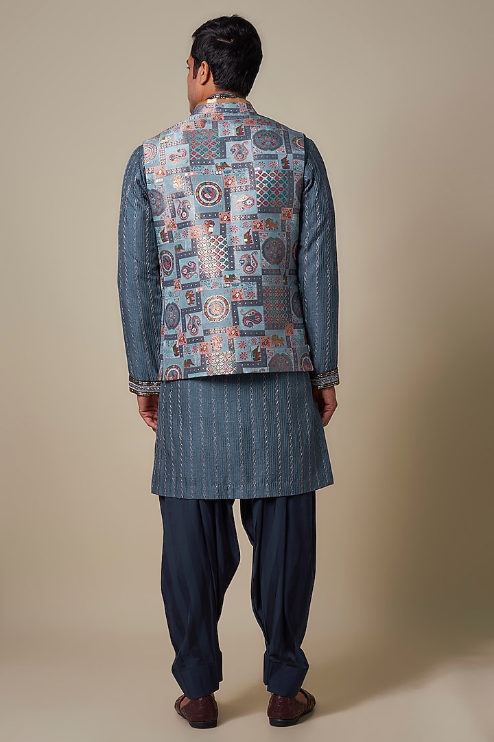 Blue Dola Silk Printed Bundi Jacket Set by Dapper & Dare at Pernia's Pop Up Shop
