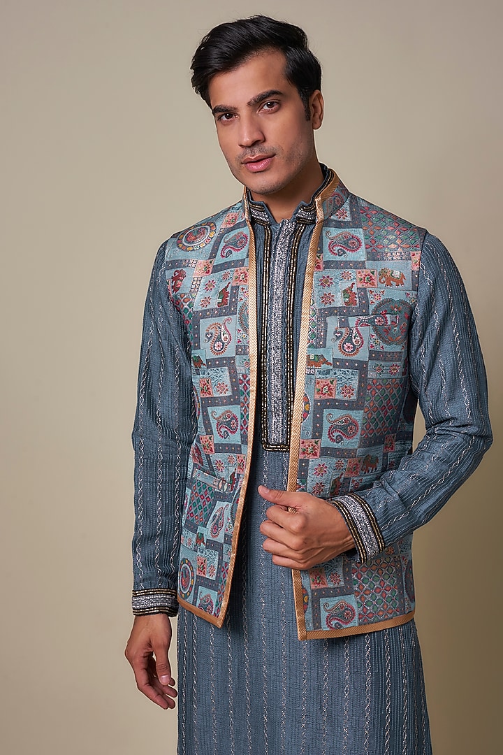 Blue Dola Silk Printed Bundi Jacket Set by Dapper & Dare at Pernia's Pop Up Shop