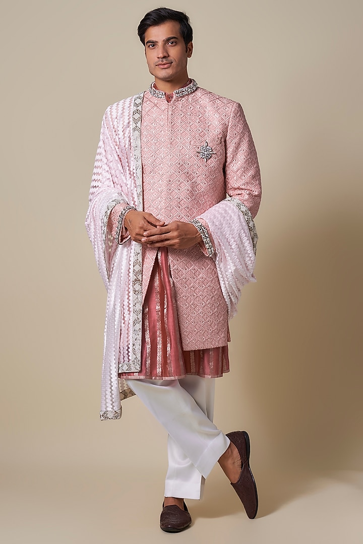 Blush Pink Mysore Silk Swarovski Embroidered Sherwani Set by Dapper & Dare