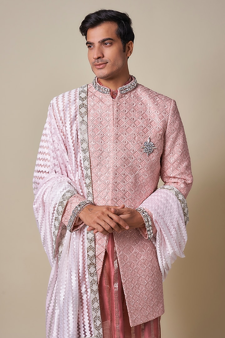 Blush Pink Mysore Silk Swarovski Embroidered Groom Sherwani Set by Dapper & Dare at Pernia's Pop Up Shop