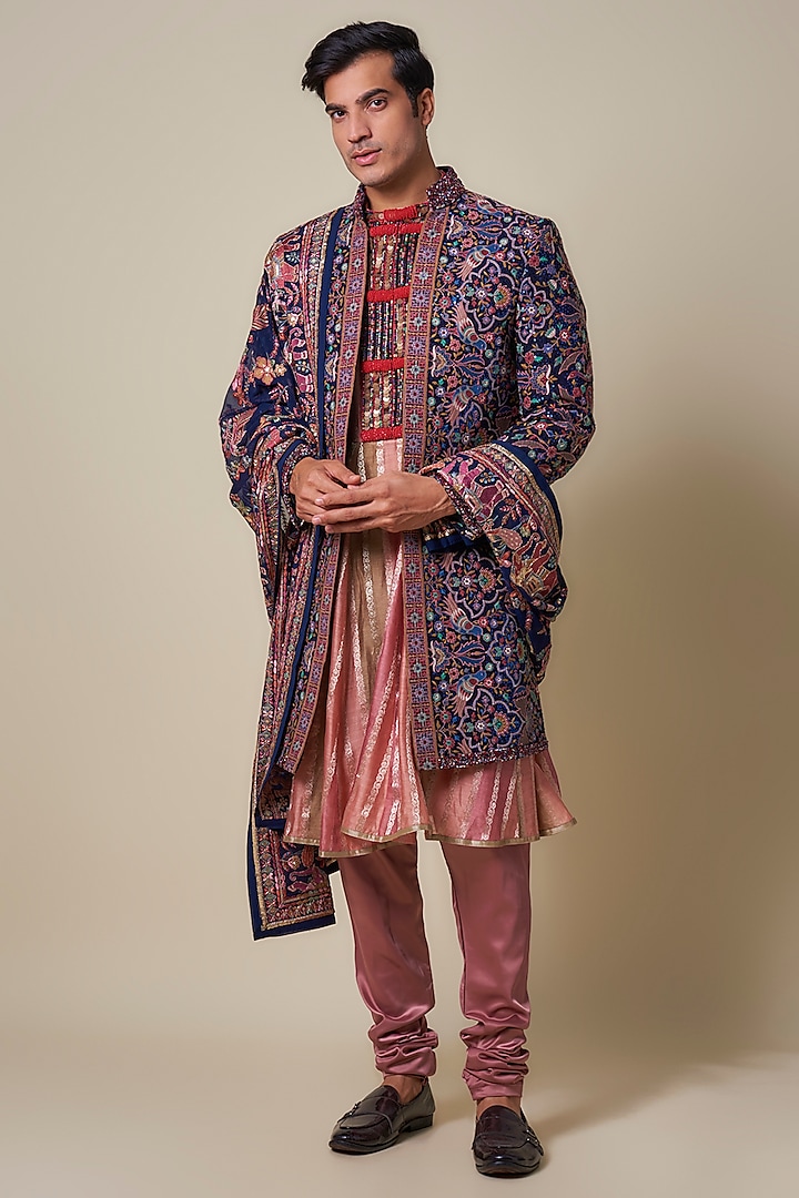 Blue Georgette Sequins & Bead Embroidered Sherwani Set by Dapper & Dare