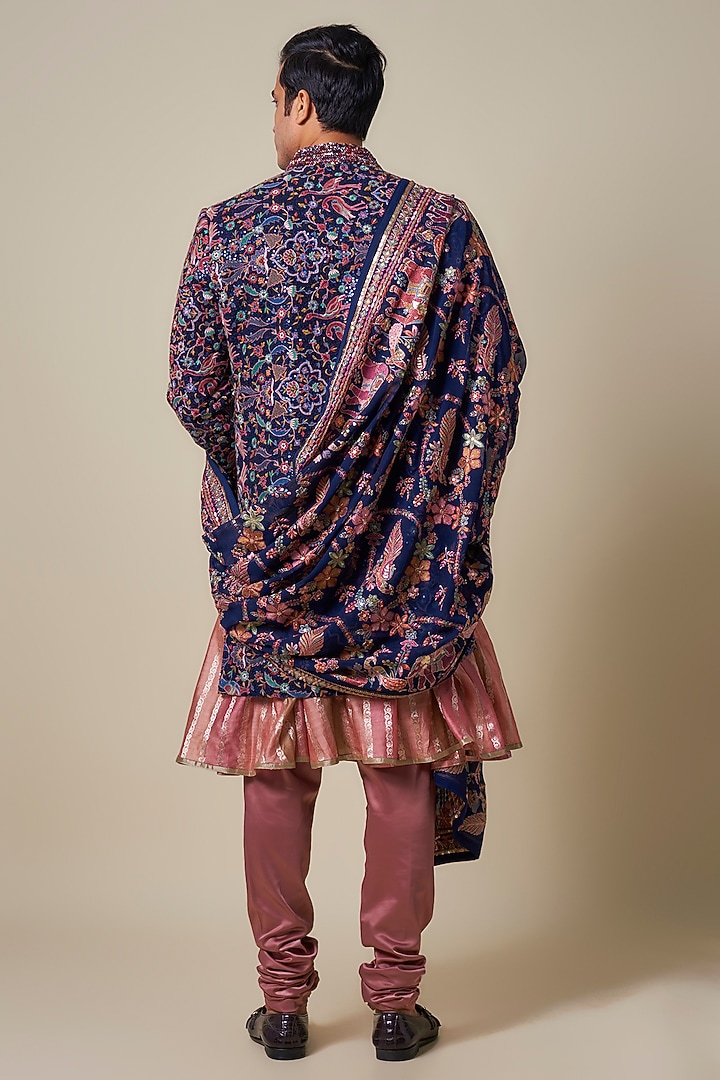 Blue Georgette Sequins & Bead Embroidered Groom Sherwani Set by Dapper & Dare at Pernia's Pop Up Shop